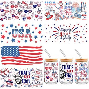 6 PCS 4th Of July Cup Wraps USA Flag UV DTF Cups ملصقات شارات Blue Star مقاومة للماء على التحويلات فينيل للأكواب الزجاجية صياغة أثاث جدار الثلاجة ، والكبات ، وحالات الهاتف DIY