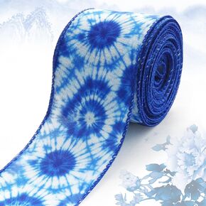 Threetols Tie-Dye Wired Edge Ribbons 2.5" 10 Yards, Blue Patriotic Wired Edge Decoration Ribbon Gradient Fabric Craft Ribbon Burlap Wrapping Ribbon for Home Patriotic Party DIY Craft Wreath Bow Decor