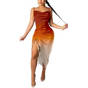 WUSENST Women's Spaghetti Strap Satin Dress Sexy Backless Drawstring Ruched Split Hem Cocktail Evening Party in Saudi Arabia