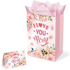 1 Pack Mothers Day Gift Bags, 13 x 10.2 x 4.9 in, with Card and Tissue Paper, Best Mom Ever Paper Bags for Party Favor