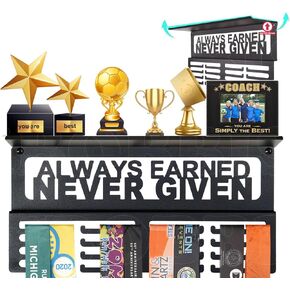 Non-Slip Always Earned Never Given Medal Hanger Display Trophy Shelf,Medal Hanger Display For Wall with 4 Rows,Race Medal Display Upgraded Medal Holder Display For gymanstics,race,soccer,swim