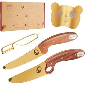 Kids Knife Set for Real Cooking with Educational Ring & Precious Rosewood Handle, Kids Chef Knife-4pcs Set with Stainless Steel Finger Guard-Golden Coating