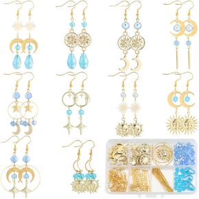 Sunnyclue 1 Box DIY 10 أزرق حلق صنع طقم Gold Moon Star Charms Real 18k Gold Plated Moon Hollow Charms Alloy Brass Sun Connectors with Hoops Hoops for Jewelry Making Women Beadner