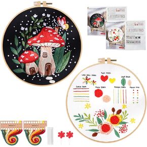 Topapfo 2 Sets Funny Embroidery Kits for Beginners Adults with Practice Samplers, Cross Stitch Starters Kit with Stamped Embroidery Pattern Hoops Floss Thread