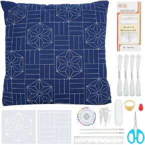 WEBEEDY Sashiko Pillowcase Kit Sashiko Template Pillow Covers Embroidery Kit with Embroidery Thread,Needles,Fabric and Instruction for Beginner,Japanese Needlework Sofa Decor,40x40cm/15.7x15.7Inch