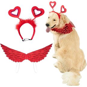 Valentine's Day Dog Costume Set with Wing and Love Heart Headband, Adjustable Valentine Costume Accessories for Medium Large Dogs