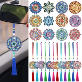 JenPen 12 Pcs Diamond Painting Car Ornaments Sun Catchers Mandala Flower Diamond Art Ornament for Car Double Sided Painting Hanging Ornament Garden Decoration Crystal Gem Paint DIY Kit