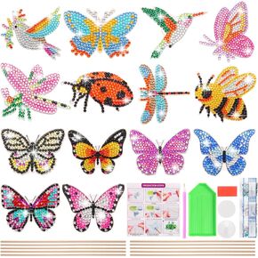 Cozziycul 14 PCS مجموعات فن الماس الأكريليك لزخارف الحديقة شملت تعليمات الفراشة Bee Dragonfly Hummingbird Stakes Craft Diamond Paint