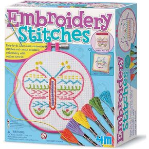 4M: Easy-to-Do: Embroidery Stitches - DIY Craft Set, Learn 10 Basic Skills, Floss-Stencils-Hoops-Canvases-Accessories, All-in-1, Beginners & Kids 8+