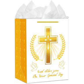 حقيبة الهدايا الدينية من Juesmos Gold Cross 13 "حقيبة هدايا مسيحية مع ورقة أنسجة بارك الله فيك في يومك الخاص حقائب الهدايا المسيحية للطفل المعمودية المعمودية.