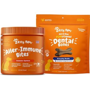 zesty Paws Allergy Immune ملحق للكلاب - مع أوميغا 3 سمك السمك زيت السلمون + عظام الأسنان للكلاب الكبيرة - يحارب الجير واللوحة