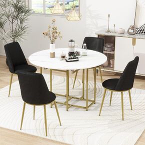 Merax Space-Saving Dining Room Table Set for 4, Extendable Dining Table Round Faux Marble Top with Golden Frame, 4 Upholstered Chairs, Compact Foldable Design for Small Space, White+Beige