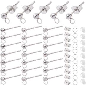 1 مربع 150pcs قرط الكرة بوشيفات الفضة عربات القرط النتائج الفضية من الفولاذ المقاوم للصدأ hypoallergenic مقاطع مقاوم المقاوم للصدأ مع صامدة الأذن وقفزة خاتم مستدير صغير للقرط لتصنيع المجوهرات لوازم ديي