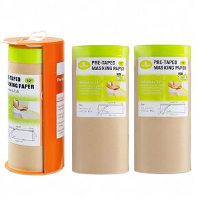 Pre-Taped Masking Paper with Dispenser - 12" x 66' Painters Paper and Tape Attached for Painting House, Automotive Paint Masking Paper Roll for Windows, Cars, Auto-Body (1 Dispenser 3 Refills)