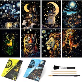 Glow in the Dark Scratch Art Kit - 8 ورقة قوس قوس قزح (A5) | إمدادات حرفية النقش الإبداعية للمراهقين والكبار | مشاريع DIY ونشاط رسم | ASMR تخفيف الإجهاد (القلاع/الحيوانات)