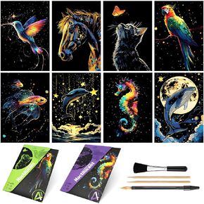 Glow in the Dark Scratch Art Kit - 8 ورقة قوس قوس قزح (A5) | إمدادات حرفية النقش الإبداعية للمراهقين والكبار | مشاريع DIY ونشاط رسم | ASMR تخفيف الإجهاد (القلاع/الحيوانات) in Kuwait