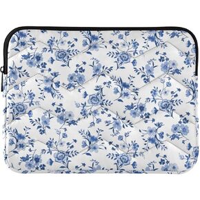 Retro Blue White Flower Puffy Laptop Sleeve for 13-14 Inch MacBook, Quilted Design Cute Puffer Bag Soft Lightweight Laptop Case for Man Women 360°Protective Laptop Sleeve, A06D24018 in Kuwait
