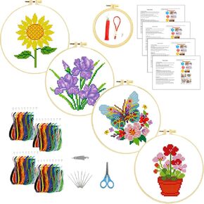 Zhenqing 4-Pack Floral Cross Stitch Kits – 11CT 20x20cm Aida Cloth with Iris, Sunflower & Butterfly Designs – Vibrant Home Decor Embroidery Set（68157）