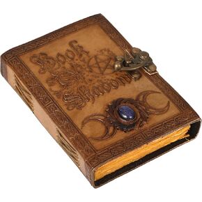 Book of Shadows Grimoire Journal - 200 Pages Antique Deckle Edge Paper, Triple Moon, Pentagram, Witch Journal Leather Cover with Semi Precious Stone Lock Closure Vinatge journal 7x5 Inch
