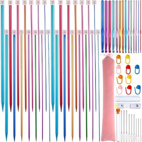 64 Packs Stainless Steel Knitting Needle Set Colored Straight Single Pointed Knitting Needles Aluminum Crochet Hooks Set 14 Size from 2.0-10.0 mm Extra Long Straight Sweater Needles for DIY Knitting