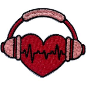 Heart Listening Music Patch, Size 3" Sew On Patches, Cute Heart Embroidery Fabric Patches for Clothes Jeans Backpacks Hat, Applique Embroidery Iron On Patches for Clothes, Gift for Girls Boys