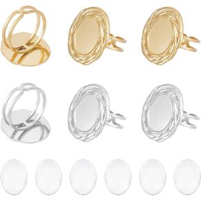 UniCraftale 6pcs Oval REAL GOLD مطلية فارغة مفتوحة الكفة حلقة من الفولاذ المقاوم للصدأ حلقة حلقة حلقة مسطحة مع 6pcs كابوشون المعادن مفتوحة الكفة الكابوشون حلقة حلقة الحلقة لصنع المجوهرات ديي