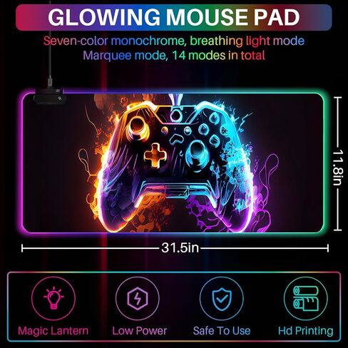 XL Led Gaming Mouse Pad with 14 Light Modes - Light Up Gamer Mouse Pad,31.5 x 11.8in Non-Slip Gamepad Style RGB Large Gamer Mousepad,Black Long Glowing Gaming Accessories for Desk,Waterproof in Kuwait