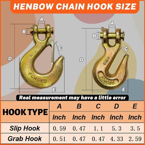HENBOW 3/8" Clevis Slip Hooks,Trailer Chain Hooks with Safety Latch,7100LBS Work Load Limited Capacity,Yellow Zinc G70 Alloy Forged Steel Tow Grab Hook Heavy Duty for Trailer Truck Transport(4 Pack) in Saudi Arabia