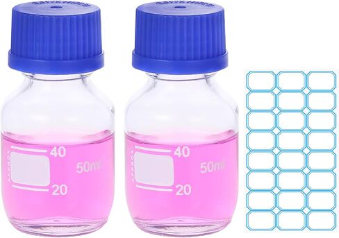 PATIKIL 2 Pack Reagent Media Storage Bottles, 500ml Borosilicate Glass Graduated Round Bottles with Orange GL32 Screw Cap and 24 Pcs Labels for Lab Water Reagent Liquids, Clear in Saudi Arabia
