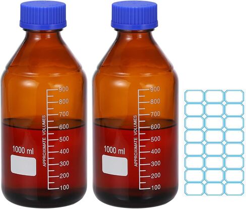 PATIKIL 2 Pack Reagent Media Storage Bottles, 500ml Borosilicate Glass Graduated Round Bottles with Orange GL32 Screw Cap and 24 Pcs Labels for Lab Water Reagent Liquids, Clear in Saudi Arabia