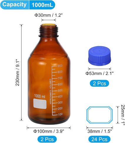 PATIKIL 2 Pack Reagent Media Storage Bottles, 500ml Borosilicate Glass Graduated Round Bottles with Orange GL32 Screw Cap and 24 Pcs Labels for Lab Water Reagent Liquids, Clear in Saudi Arabia