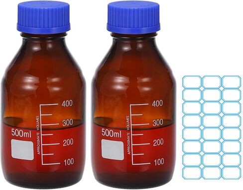 PATIKIL 2 Pack Reagent Media Storage Bottles, 500ml Borosilicate Glass Graduated Round Bottles with Orange GL32 Screw Cap and 24 Pcs Labels for Lab Water Reagent Liquids, Clear in Saudi Arabia