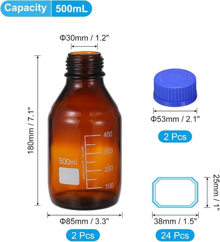 PATIKIL 2 Pack Reagent Media Storage Bottles, 500ml Borosilicate Glass Graduated Round Bottles with Orange GL32 Screw Cap and 24 Pcs Labels for Lab Water Reagent Liquids, Clear in Saudi Arabia
