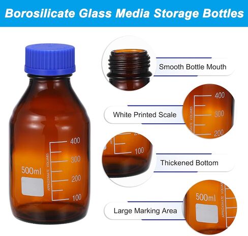 PATIKIL 2 Pack Reagent Media Storage Bottles, 500ml Borosilicate Glass Graduated Round Bottles with Orange GL32 Screw Cap and 24 Pcs Labels for Lab Water Reagent Liquids, Clear in Saudi Arabia