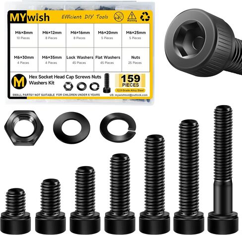 244Pcs M5 Screw Metric Screw Assortment, Grade 12.9 Alloy Steel Hex Socket Head Cap, M5 Metric Bolt Assortment, Flat & Spring Lock Washers/Nuts, Black Oxide, Anti Rust Machine Screws in Kuwait
