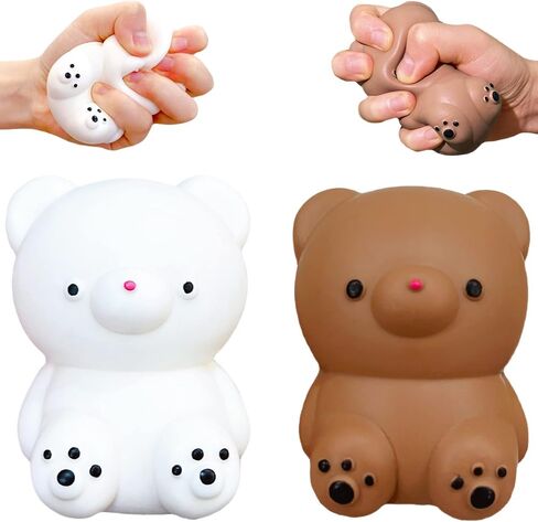 2 PCS Squishy White and Brown Bear Stress Ball - Dough Fidget Toy - Stretchy Animals Squishy Toys for Kids and Adults, Squeeze Ball for Anxiety Relief, Focus, Relax in Kuwait