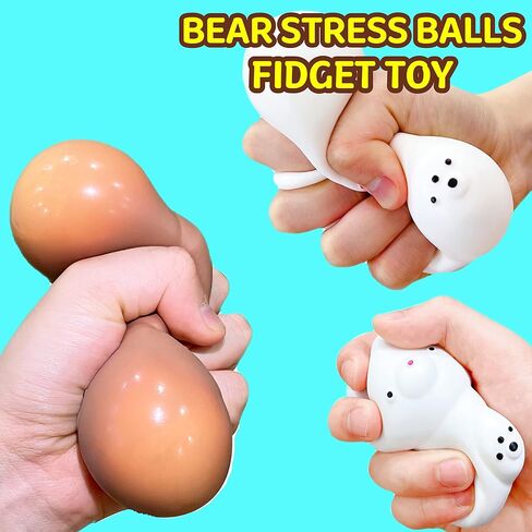 2 PCS Squishy White and Brown Bear Stress Ball - Dough Fidget Toy - Stretchy Animals Squishy Toys for Kids and Adults, Squeeze Ball for Anxiety Relief, Focus, Relax in Kuwait