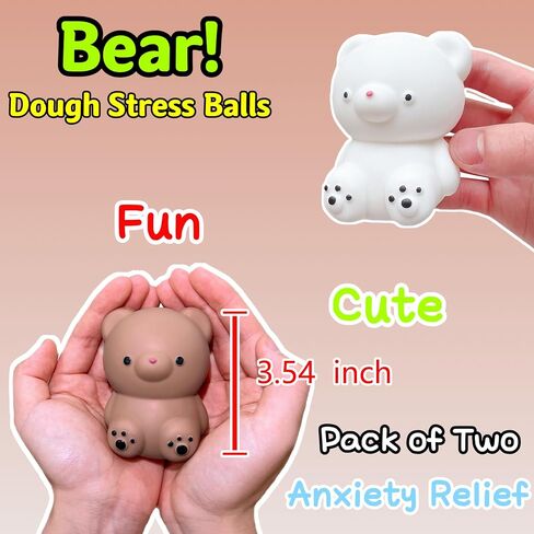 2 PCS Squishy White and Brown Bear Stress Ball - Dough Fidget Toy - Stretchy Animals Squishy Toys for Kids and Adults, Squeeze Ball for Anxiety Relief, Focus, Relax in Kuwait