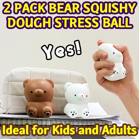 2 PCS Squishy White and Brown Bear Stress Ball - Dough Fidget Toy - Stretchy Animals Squishy Toys for Kids and Adults, Squeeze Ball for Anxiety Relief, Focus, Relax in Kuwait