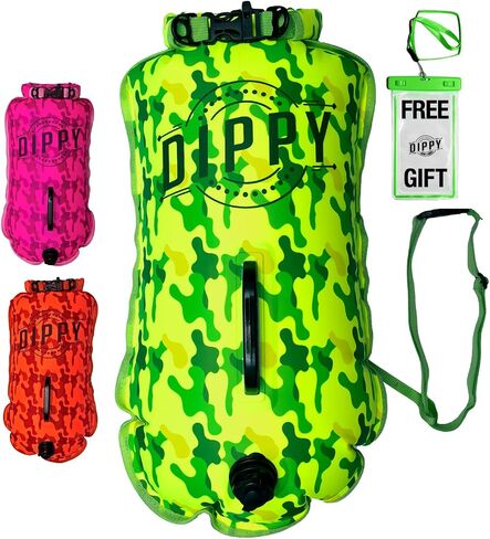 DIPPY Swim Buoy for Open Water Swimmers - Waterproof Tow Float Swim Bubble for Adults, Dry Bag, Inflatable Snorkel Float Belt, Swimming Accessories (Orange, 28L) in Kuwait