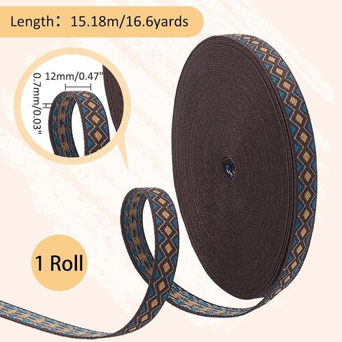 PH Pandahall 16.6 ياردة شريط مطرز ، 0.43 بوصة RHOMBUS العرقية Jacquard Polyester Ribbon Vintage Trim Trim Retro Straps لخياطة صياغة المنزل ديكور الملابس DIY in Kuwait