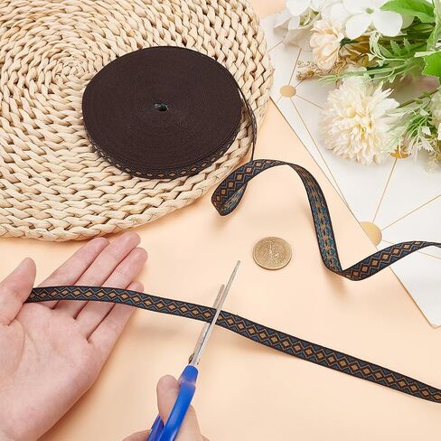 PH Pandahall 16.6 ياردة شريط مطرز ، 0.43 بوصة RHOMBUS العرقية Jacquard Polyester Ribbon Vintage Trim Trim Retro Straps لخياطة صياغة المنزل ديكور الملابس DIY in Kuwait