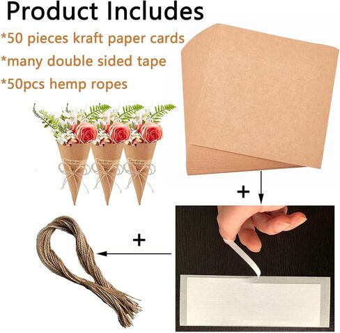 Airlxf 50pcs kraft paper confetti conses brown wedding convetti cones vintage kraft paper petal cons with hemp albes tape (50) in Saudi Arabia