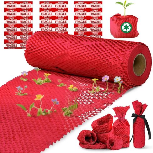 Honeycomb Packing Paper, 12"x50' Brown | Perforated Honeycomb Packing Paper Recyclable Moving Supplies for Shipping & Moving | Plastic-Free Alternative to Bubble Cushion Wrap with 36 Fragile Stickers in Kuwait