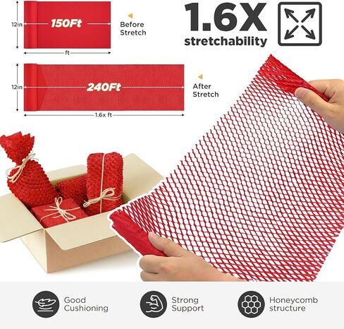 Honeycomb Packing Paper, 12"x50' Brown | Perforated Honeycomb Packing Paper Recyclable Moving Supplies for Shipping & Moving | Plastic-Free Alternative to Bubble Cushion Wrap with 36 Fragile Stickers in Kuwait