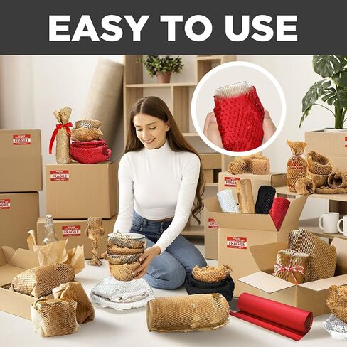 Honeycomb Packing Paper, 12"x50' Brown | Perforated Honeycomb Packing Paper Recyclable Moving Supplies for Shipping & Moving | Plastic-Free Alternative to Bubble Cushion Wrap with 36 Fragile Stickers in Kuwait