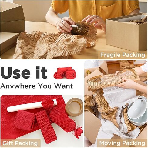 Honeycomb Packing Paper, 12"x50' Brown | Perforated Honeycomb Packing Paper Recyclable Moving Supplies for Shipping & Moving | Plastic-Free Alternative to Bubble Cushion Wrap with 36 Fragile Stickers in Kuwait