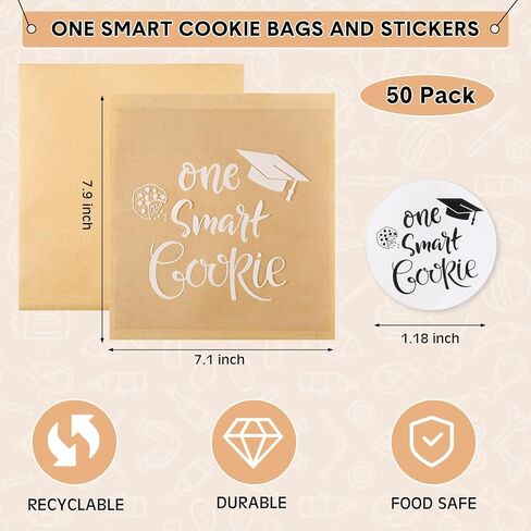 50 PCS 2025 حفل التخرج مفضلات للضيوف واحد أكياس هدايا ملفات تعريف الارتباط الذكية تعامل مع أكياس الورق الخفيفة Candy Candy Kraft مع ملصقات تهانينا لوازم زخرفة الحفلات ، 7.1 × 7.5 في in Kuwait