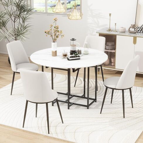 Merax Space-Saving Dining Room Table Set for 4, Extendable Dining Table Round Faux Marble Top with Golden Frame, 4 Upholstered Chairs, Compact Foldable Design for Small Space, White+Beige in Saudi Arabia