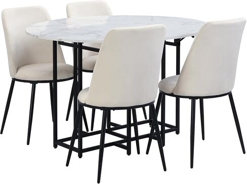 Merax Space-Saving Dining Room Table Set for 4, Extendable Dining Table Round Faux Marble Top with Golden Frame, 4 Upholstered Chairs, Compact Foldable Design for Small Space, White+Beige in Saudi Arabia